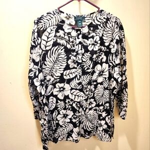 LAUREN  Ralph Lauren black and white tropical print relaxed fit blouse size XL